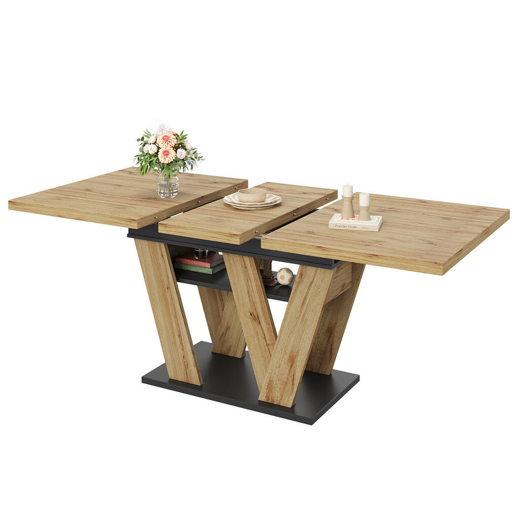OKWISH JÍDELNÍ stůl 119–158,5/80/75 cm černý/přírodní z MDF rozkládací s úložnou policí