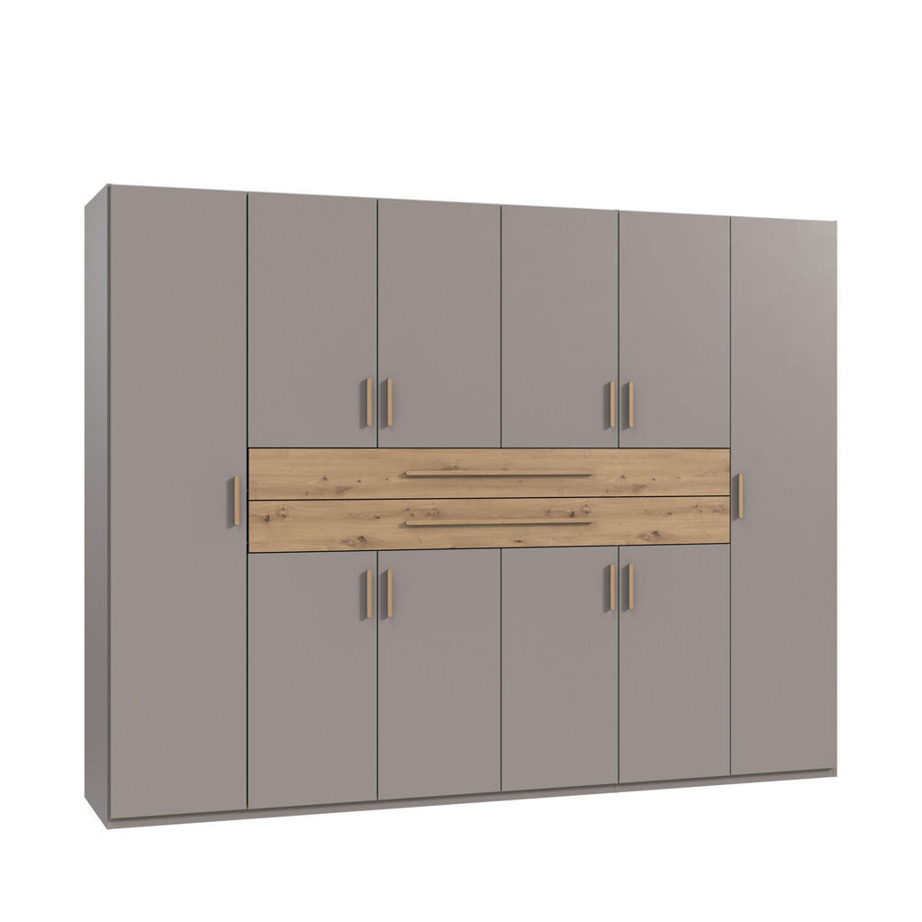 luma-home SKŘÍŇ S OTOČNÝMI DVEŘMI B270/H208/T58 cm, pískově šedá, šatní skříň se 2 velkými zásuvkami a úchytkami v dekoru dub Artisan / 22641