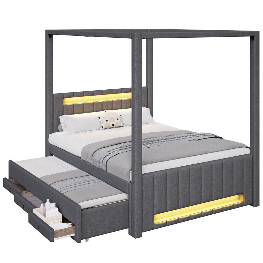 OKWISH POSTEL s nebesy 140/200 cm šedá z lnu a MDF s výsuvným lůžkem LED a zásuvkami