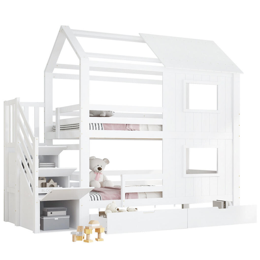 OKWISH PATROVÁ postel 90/200 cm bílá z borovice a MDF se schodišťovou skříňkou