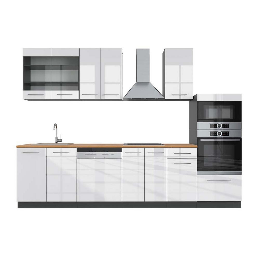 Vicco KUCHYŇSKÝ KOUT Fame-Line Bílý vysoký lesk/antracit 300 cm s vysokou skříní, PD Dub
