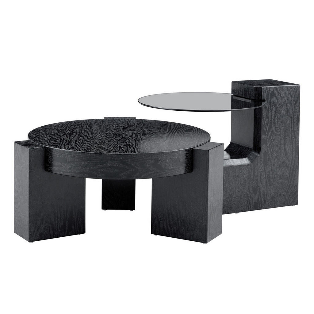 OKWISH SADA konferenčních stolků 61/61/30 cm černá z MDF a skla s oddělitelným dvouúrovňovým designem