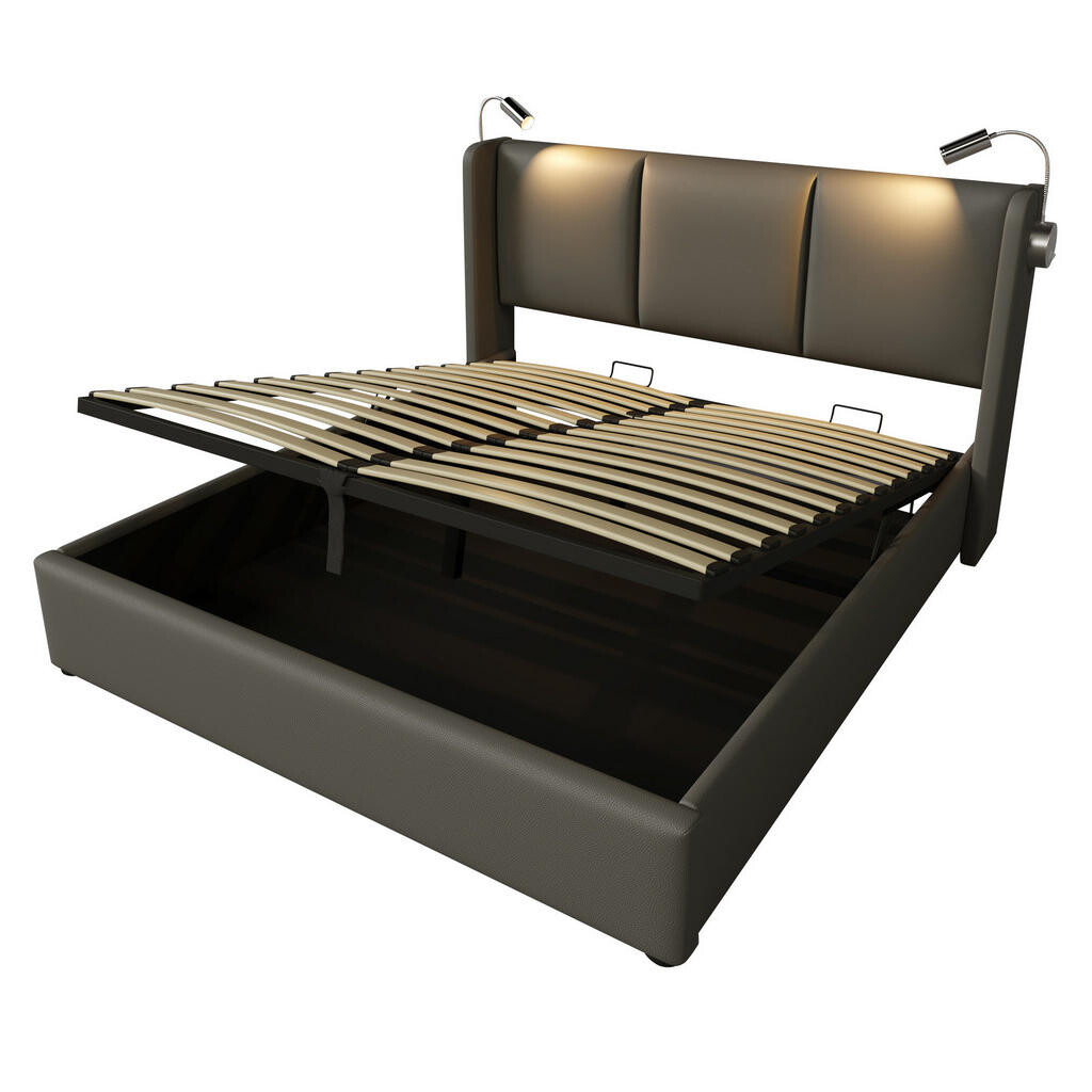 Redom ČALOUNĚNÁ postel 140x200 cm s LED čtecím světlem, USB nabíjením a úložným prostorem, Šedá