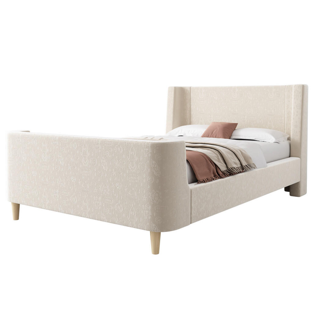 OKWISH DĚTSKÁ postel 90/200 cm béžová ze sametu s motivem vesmíru a tvarem saní