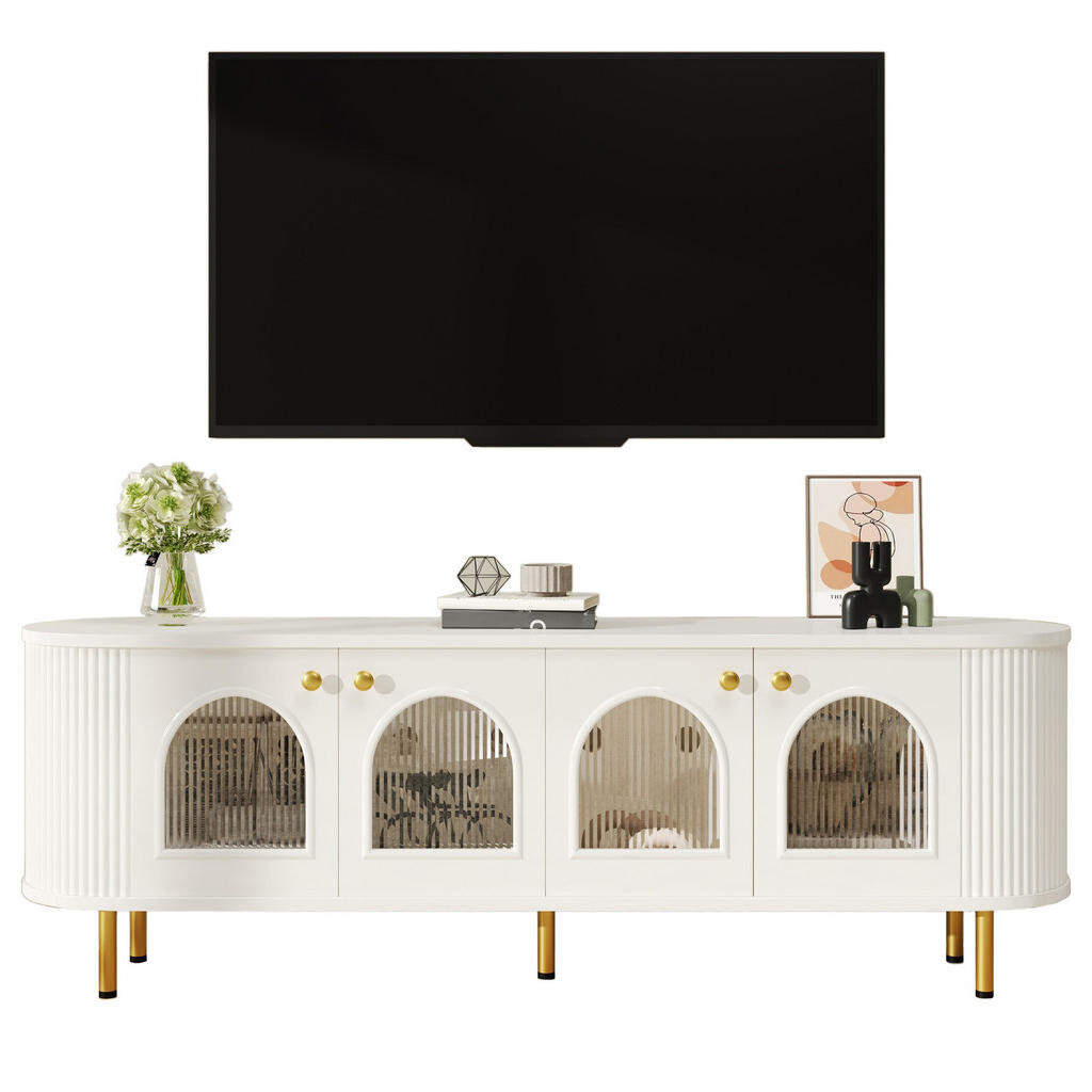 OKWISH TV stolek 170/35/55 cm bílá a zlatá z MDF s prosklenými dvířky a kabelovým průchodem