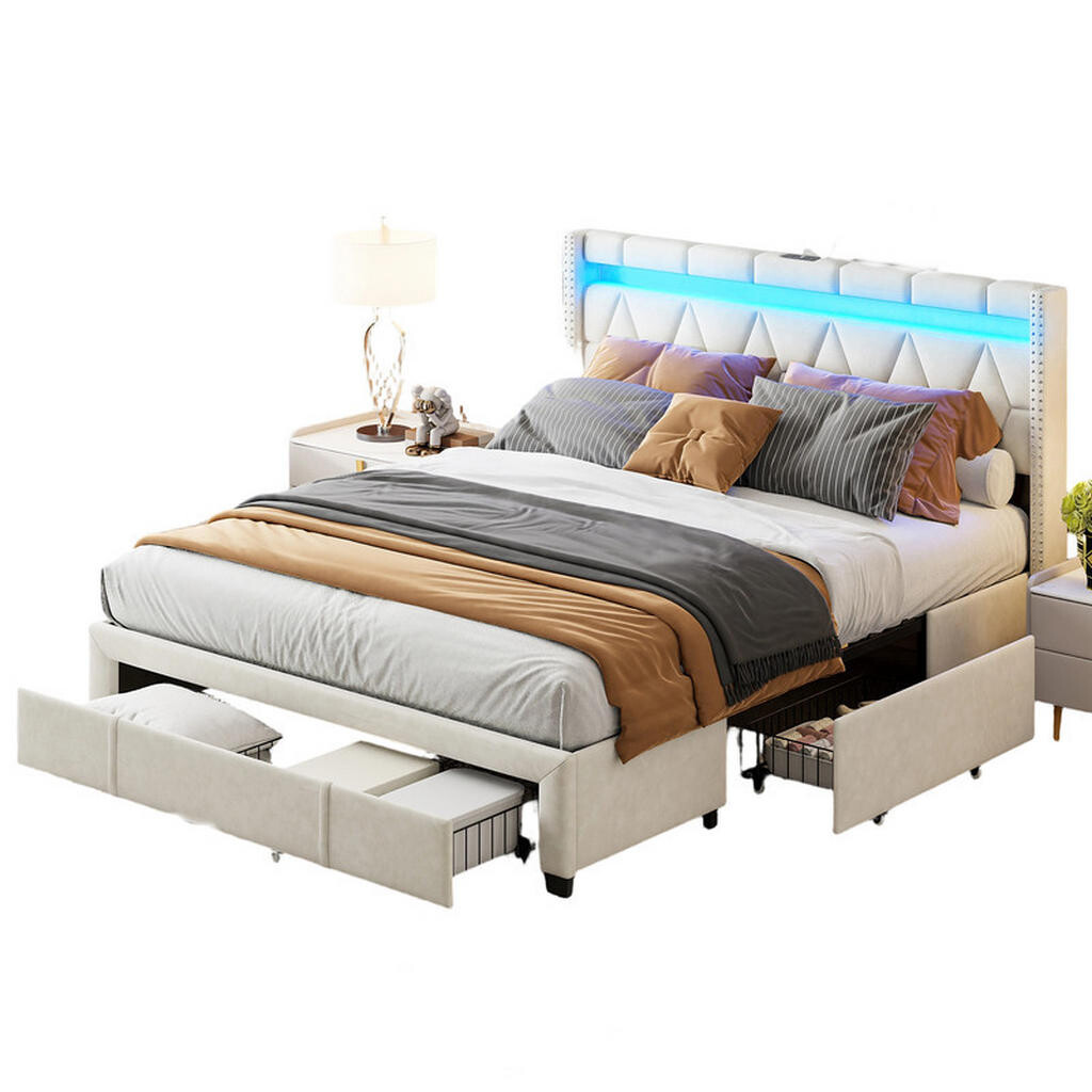 SHOPENTRA ČALOUNĚNÁ postel 160x200 cm béžová látka LED USB 4 zásuvky