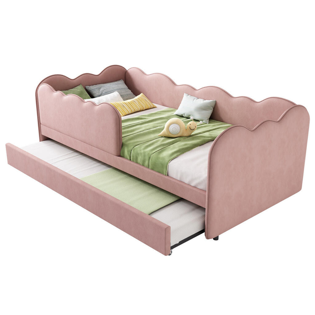 OKWISH DENNÍ postel 90 x 190 cm růžová ze sametu s výsuvným lůžkem