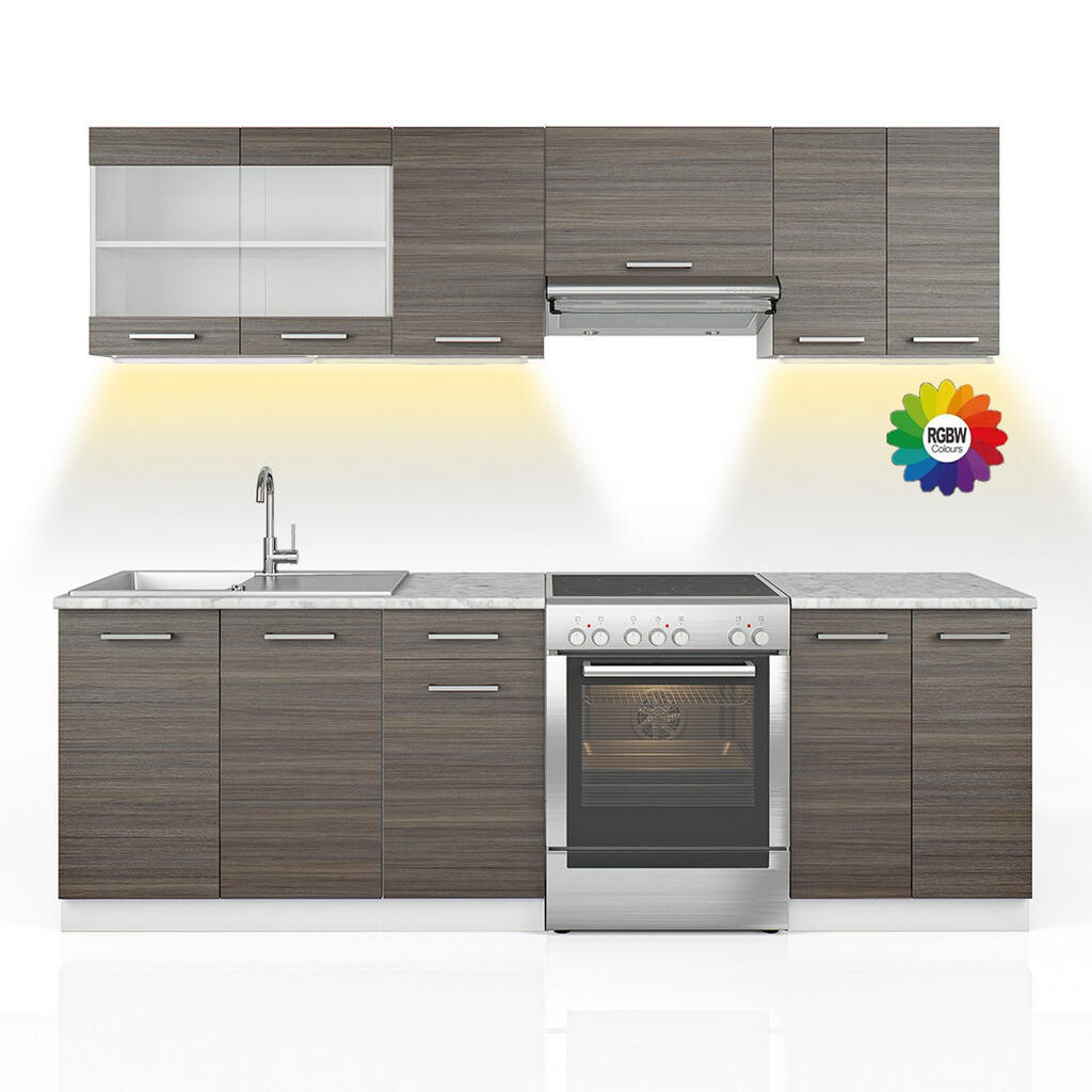 Vicco KUCHYŇSKÁ LINKA R-Line, Ušlechtilá šedá/Bílá, 240 cm S pracovní deskou s páskem LED