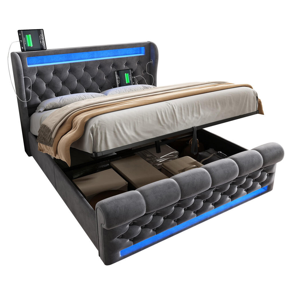 WISHDOR ČALOUNĚNÁ POSTEL 140/190 cm v šedém sametu s úložným prostorem, LED osvětlením, USB a Type-C