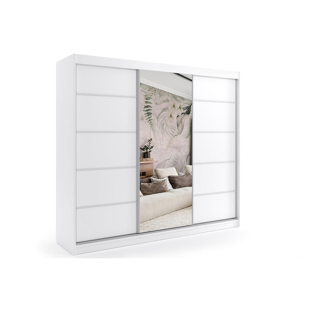 ALTDECOR ŠATNÍ SKŘÍŇ s zrcadlovými posuvnými dveřmi a hliníkovými lamelami, LED osvětlení – MAKI – 240 cm, bílá