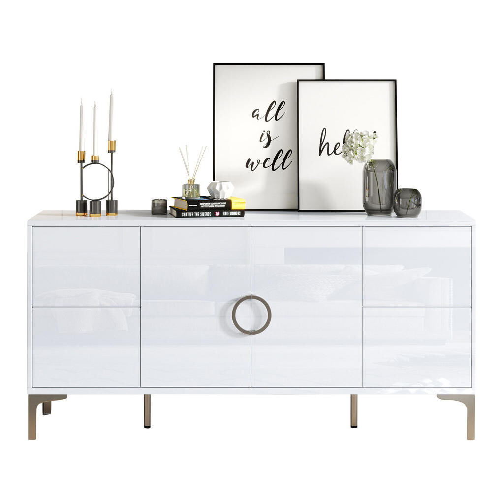 OKWISH BOČNÍ skříň 150/38/59,5 cm bílá z MDF s vysokým leskem a 4 zásuvkami