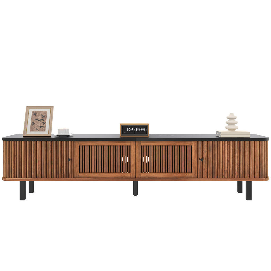 OKWISH TV stolek 190/35/45 cm ořech z MDF a dřevotřísky s posuvnými dvířky a mřížkou