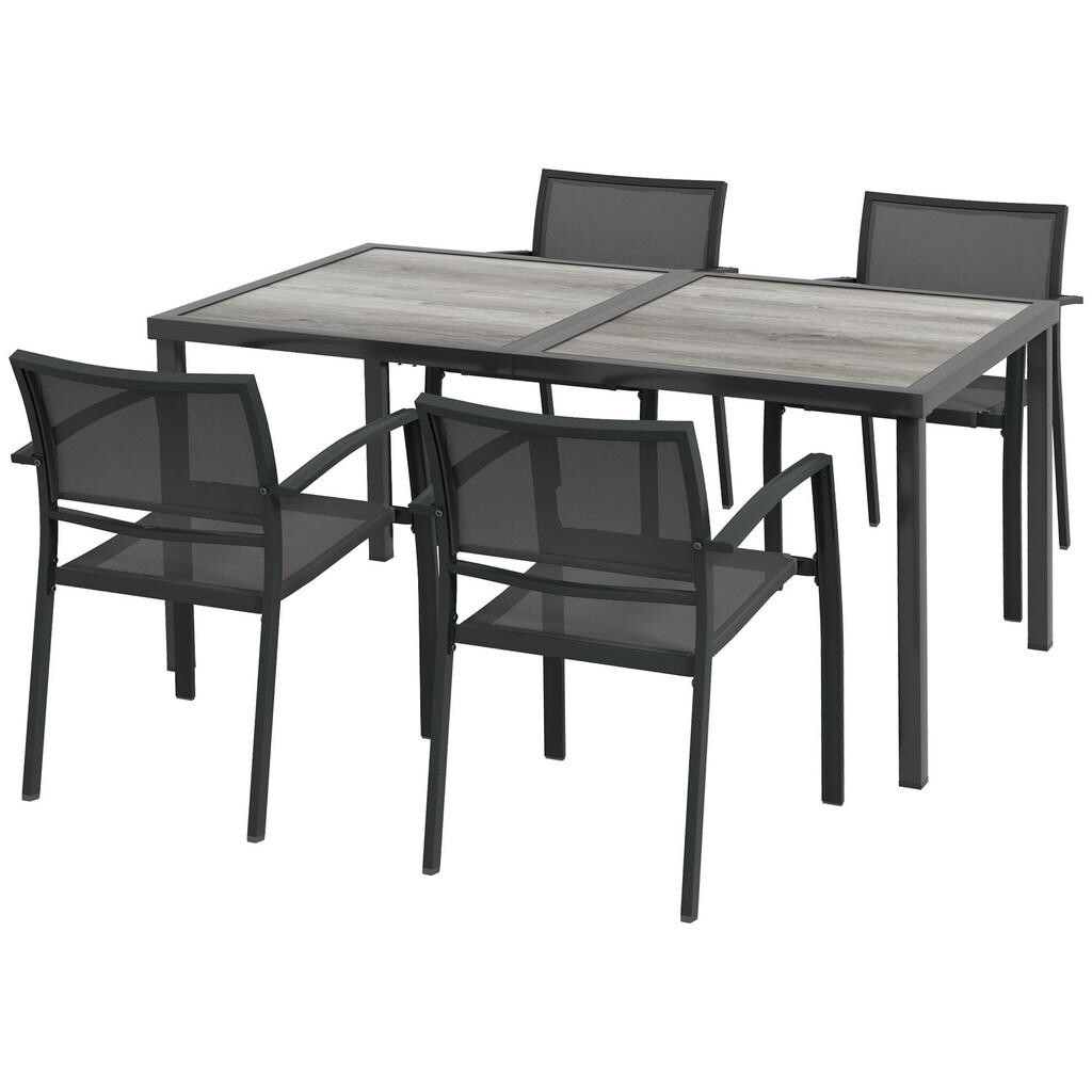 Outsunny SADA SEDACÍHO NÁBYTKU Sada zahradního nábytku, 1 jídelní stůl, 4 stohovatelné židle, textil, tmavě šedá