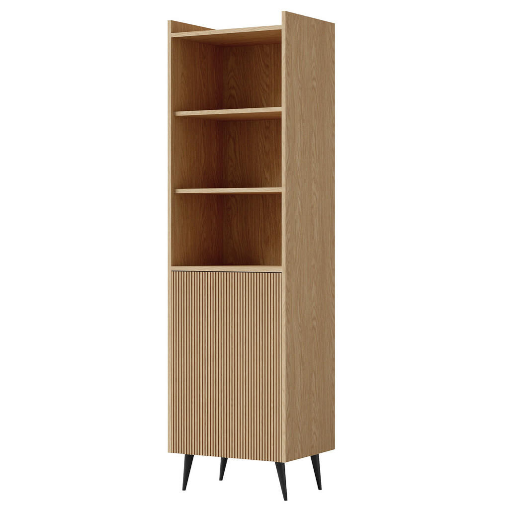 Beautysofa KNIHOVNA Amfali s 1 dveřmi a otevřenými policemi, drážkovaná čela, systém Push-to-open, 52 cm, jarní dub