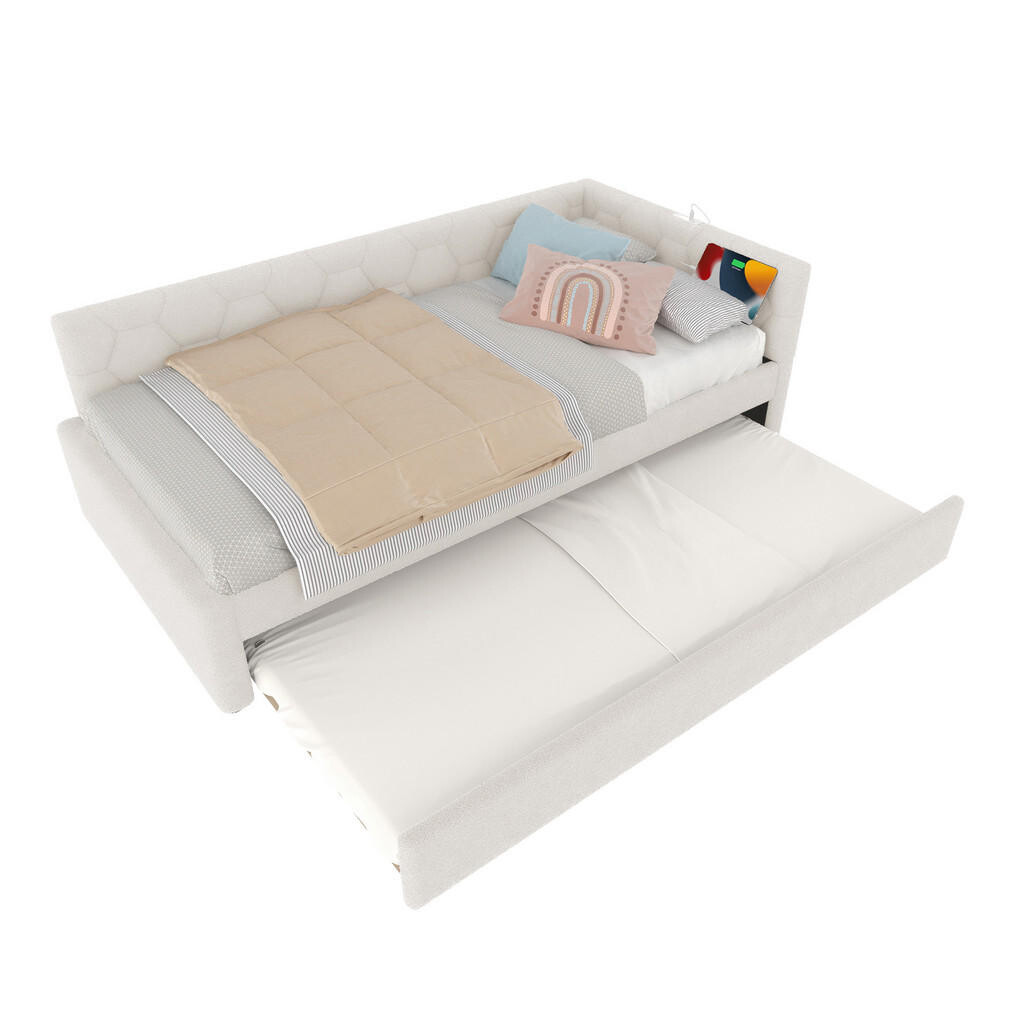 WISHDOR ROZKLÁDACÍ POHOVKA 90/200 cm & 89,5/188 cm z bílé látky s výsuvným lůžkem, USB, Type-C a lampičkou na čtení
