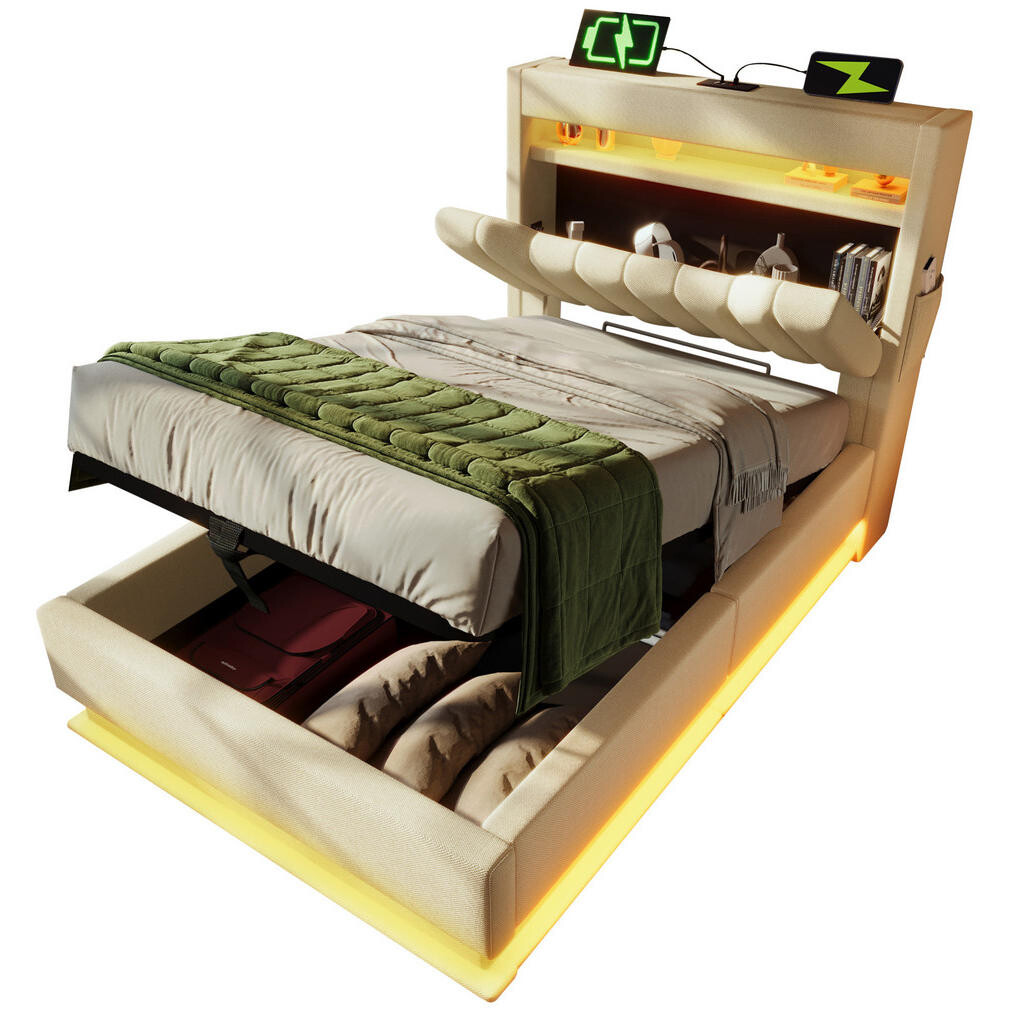 OKWISH ČALOUNĚNÁ postel 90/200 cm béžová z lnu s LED osvětlením úložným čelem a matrací