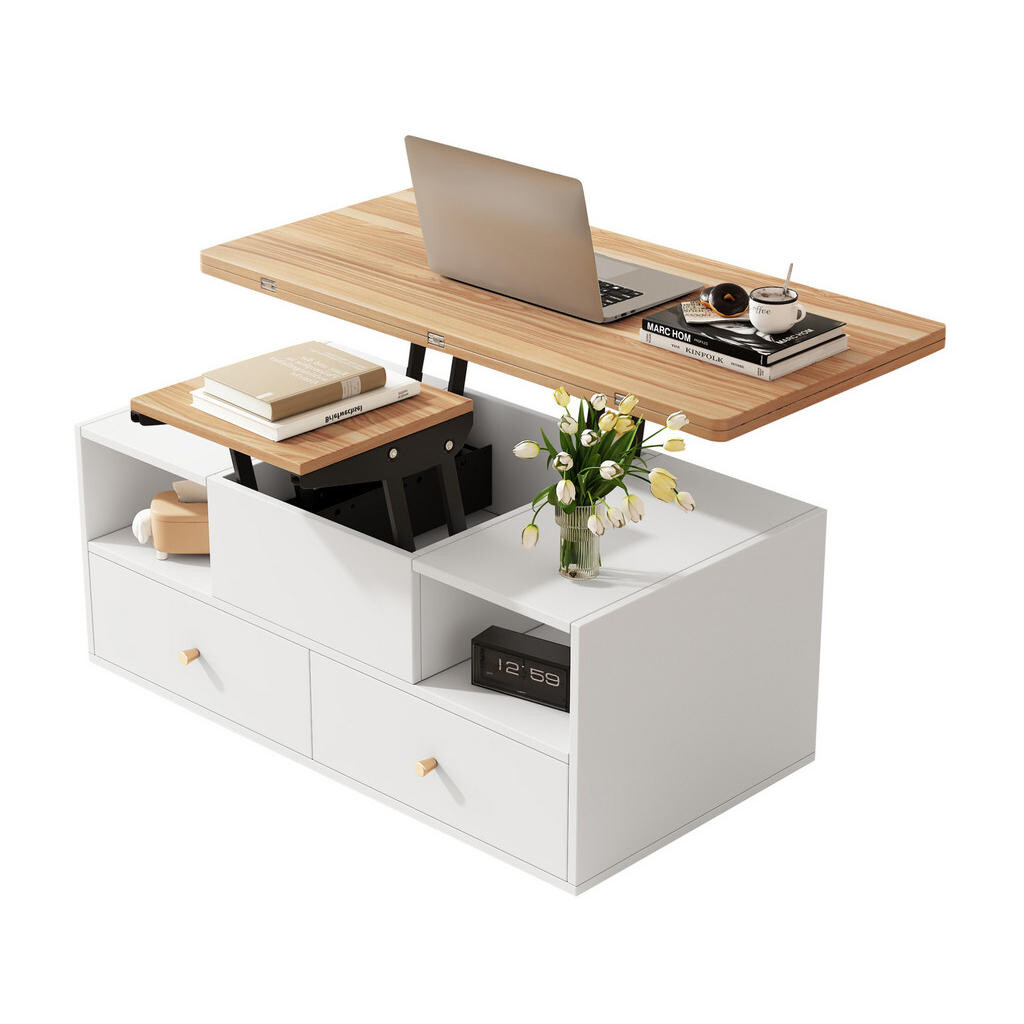 Redom KONFERENČNÍ stolek 100/50/47,5 cm s hydraulickým nastavením, skládací deskou, 4 zásuvkami a kolečky, Přírodní dřevo a bílá