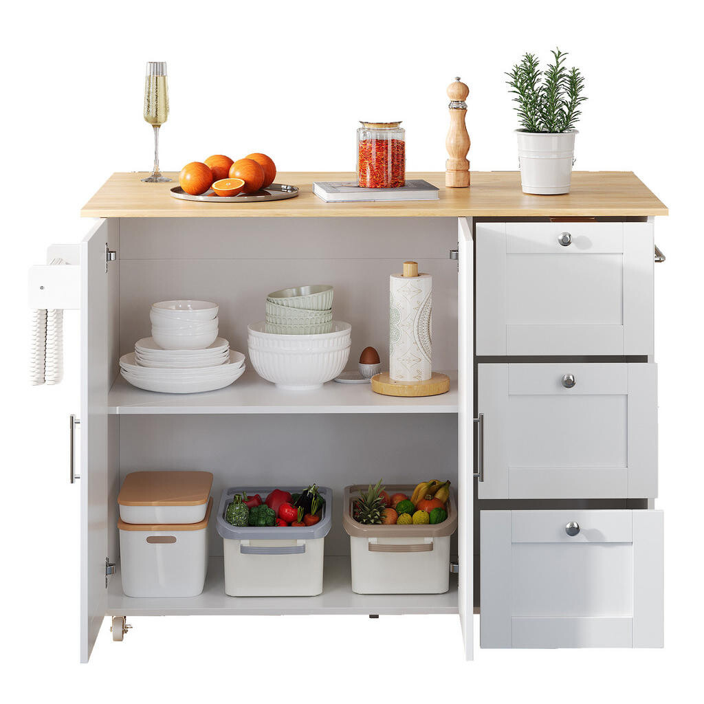 OKWISH MOBILNÍ kuchyňský ostrůvek 135/44(70)/90 cm bílá a přírodní z MDF s výklopnou deskou a úložným prostorem