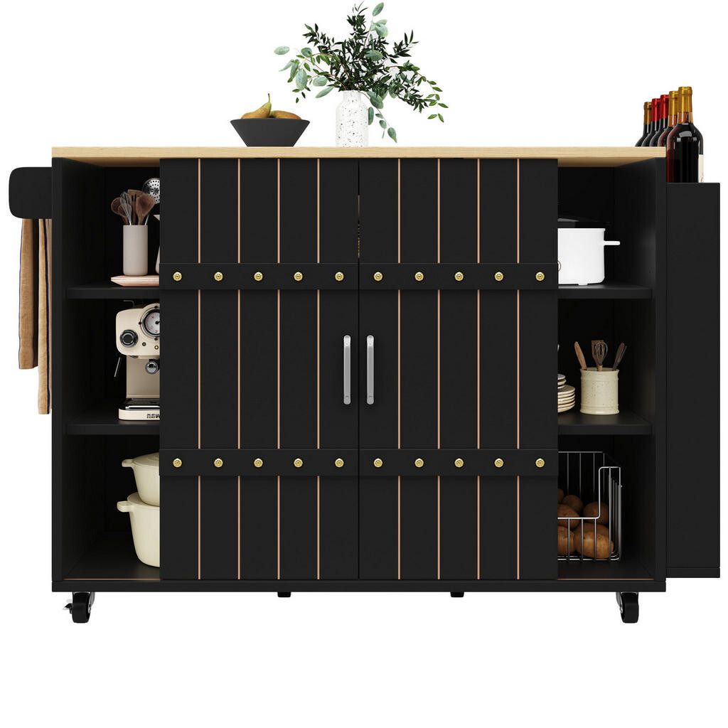 OKWISH KUCHYŇSKÝ ostrůvek 110/42/90 cm černá z MDF s výklopnou deskou, zásuvkami a posuvnými dvířky