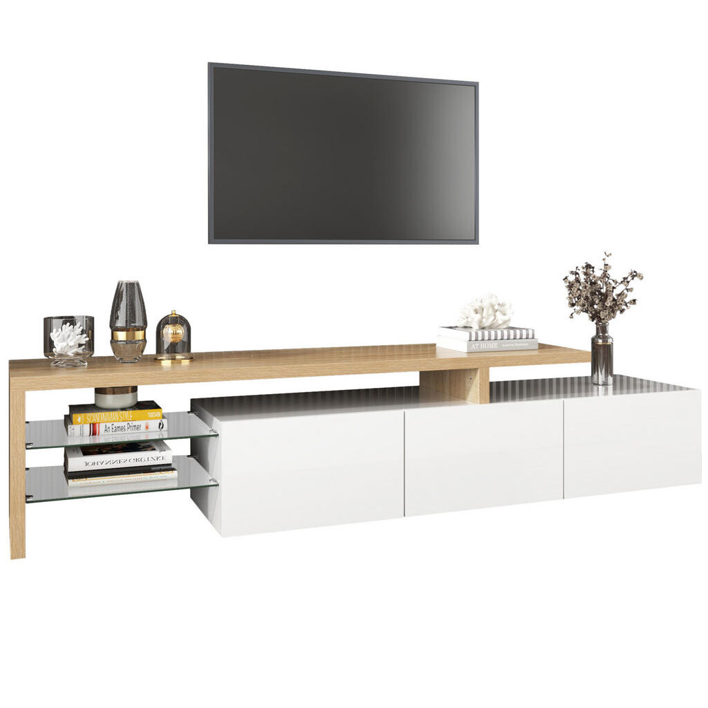 OKWISH TV stolek 197,5/39/42 cm přírodní a bílá z MDF a skla s LED osvětlením a úložným prostorem