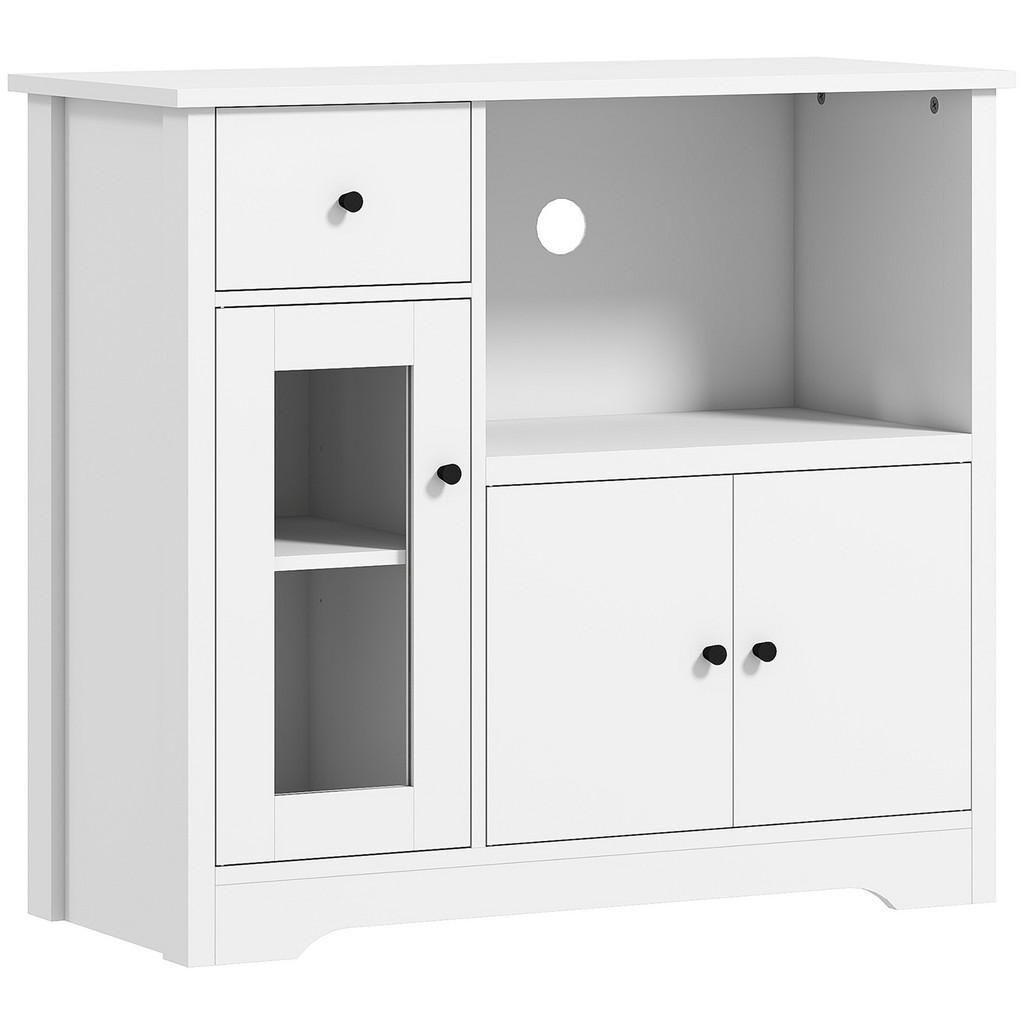 HOMCOM KUCHYŇSKÁ skříňka Sideboard s policí na mikrovlnnou troubu, 3 dvířka, zásuvka, bílá