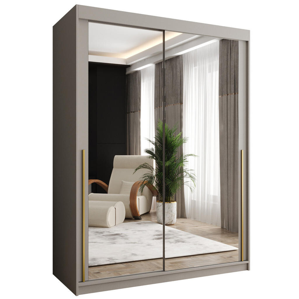 Home Collective ŠATNÍ SKŘÍŇ S POSUVNÝMI DVEŘMI se zrcadlem, šířka 150 cm, kašmírová se zlatým madlem
