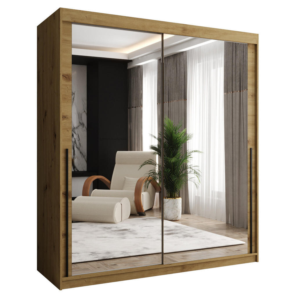 Home Collective ŠATNÍ SKŘÍŇ S POSUVNÝMI DVEŘMI se zrcadlem, šířka 180 cm, Artisan s černým madlem