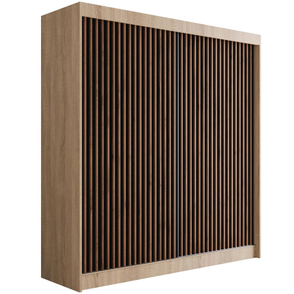 ALTDECOR ŠATNÍ SKŘÍŇ s lamelovými posuvnými dveřmi VILANv2 – 200 cm Sonoma dub + lamely dub wotan