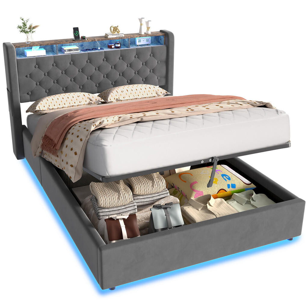 OKWISH ČALOUNĚNÁ postel 140/200 cm šedá s hydraulickým úložným prostorem, LED osvětlením a USB porty