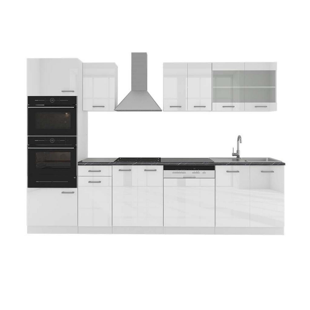 Vicco KUCHYŇSKÝ KOUT R-Line Bílá vysoký lesk 300 cm s vysokou skříní, PD Antracit