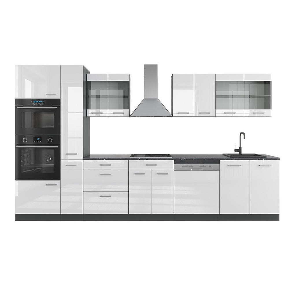 Vicco KUCHYNĚ R-Line Bílý vysoký lesk/antracit 350 cm s vysokou skříní, PD Antracit