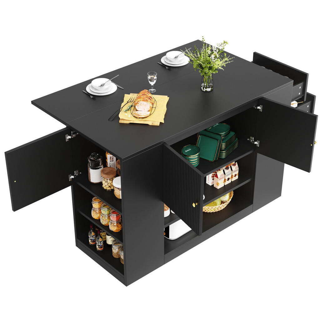 Redom KUCHYŇSKÝ ostrůvek 140/40/90 cm se sklápěcí deskou, úložným prostorem a kovovými úchyty z MDF, Černá