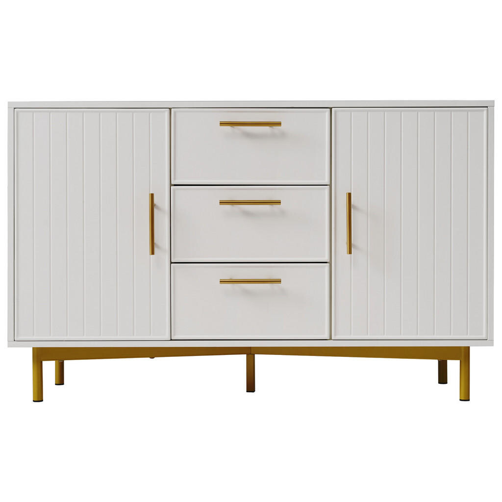 Urban Meuble SIDEBOARD dřevotříska bílý s drážkovaným čelem, 2 dvířky a 3 zásuvkami
