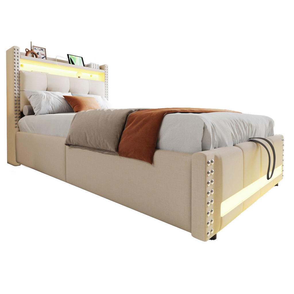 OKWISH ČALOUNĚNÁ postel 90/200 cm béžová z lněné tkaniny s LED, USB a úložným prostorem