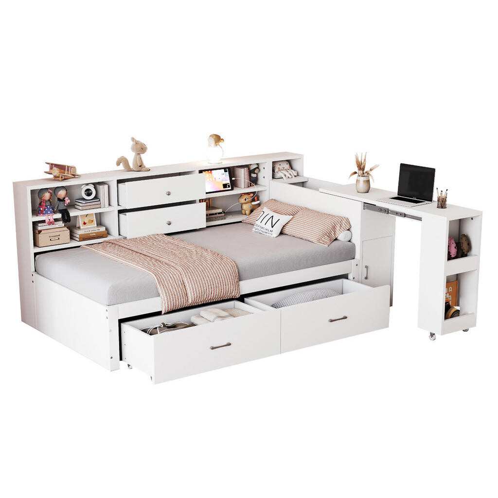 OKWISH MULTIFUNKČNÍ postel 90/200 cm bílá z borovicového dřeva s úložným prostorem a výsuvným stolem