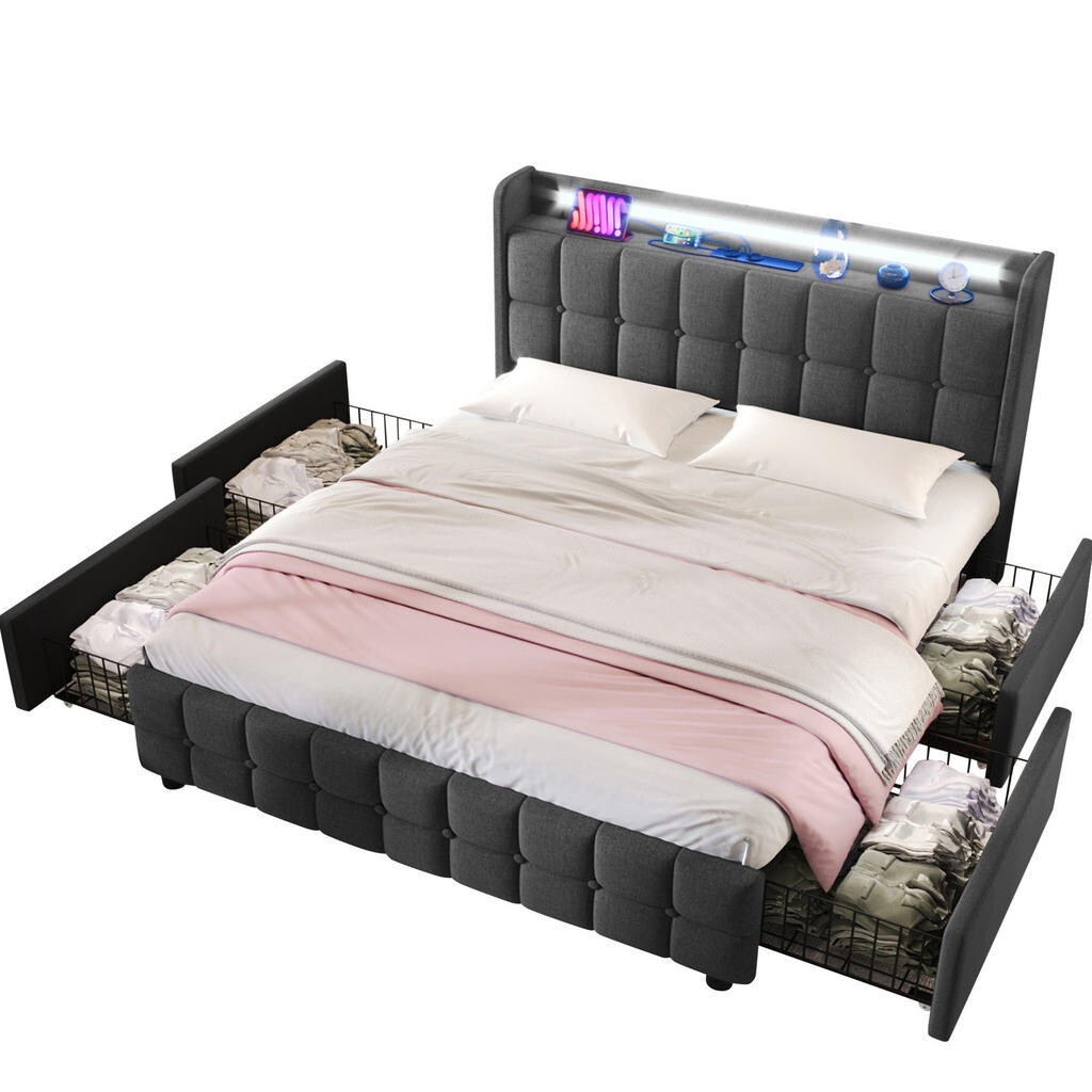 Redom ČALOUNĚNÁ postel 160x200 cm s USB a zásuvkami, LED osvětlením a 4 zásuvkami, Šedá