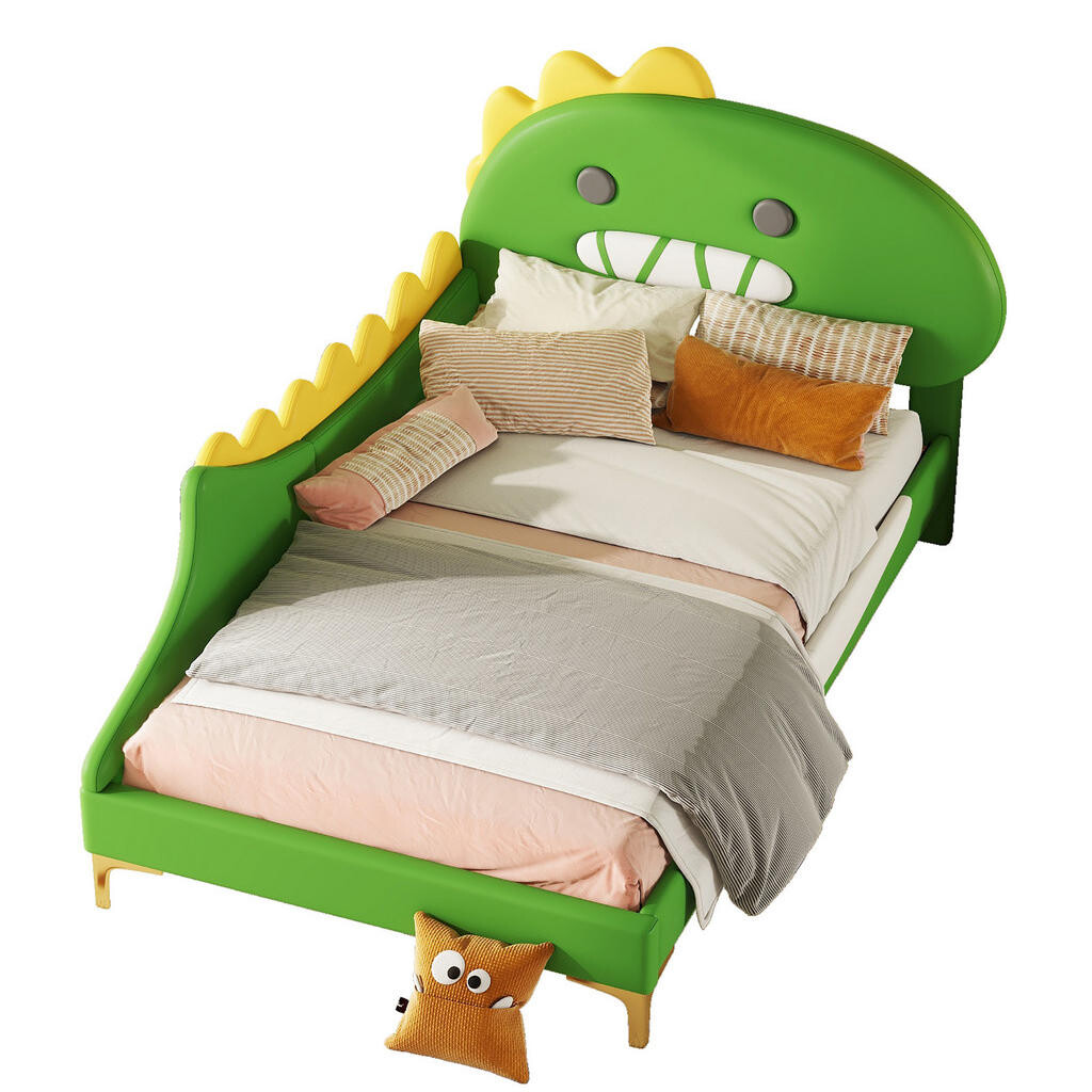 OKWISH DĚTSKÁ postel 90/200 cm zelená z PU a MDF s motivem dinosaura
