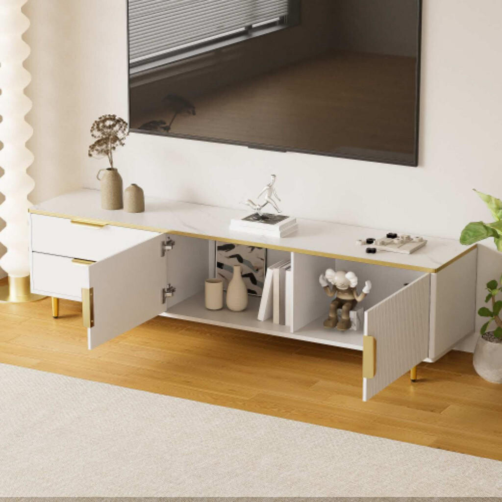Redom TV stolek 170/37/45 cm s vyřezávaným dekorem, úložným prostorem a zlatými detaily, Bílá