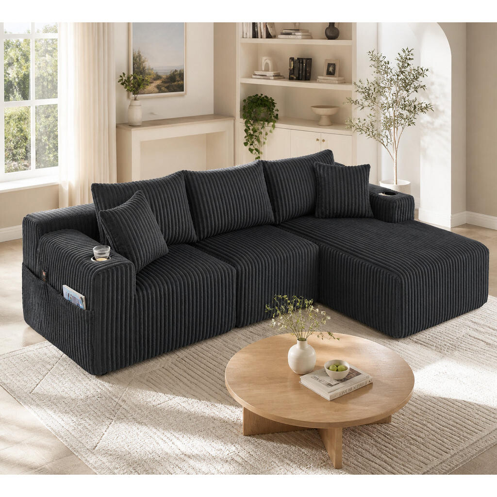 OKWISH MODULÁRNÍ pohovka 257/90-160/62 cm šedá z manšestru s polštáři, kapsami a držáky na nápoje