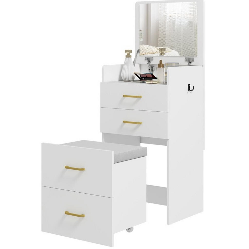 OKWISH TOALETNÍ stolek 48/40/90 cm bílý z dřeva s otočným zrcadlem a úložným prostorem 3 v 1