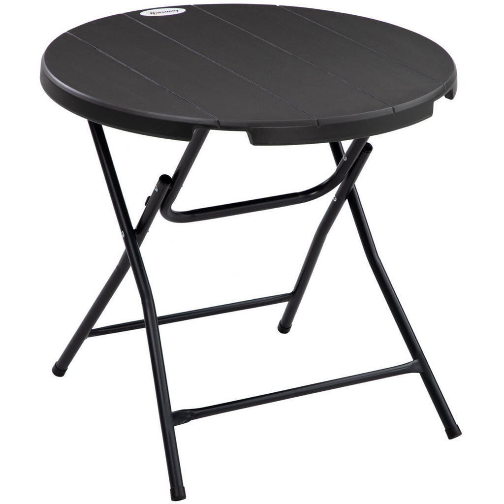 OKWISH KULATÝ zahradní stůl Ø80 cm tmavě šedý z oceli s klopným mechanismem a deskou v dekoru dřeva