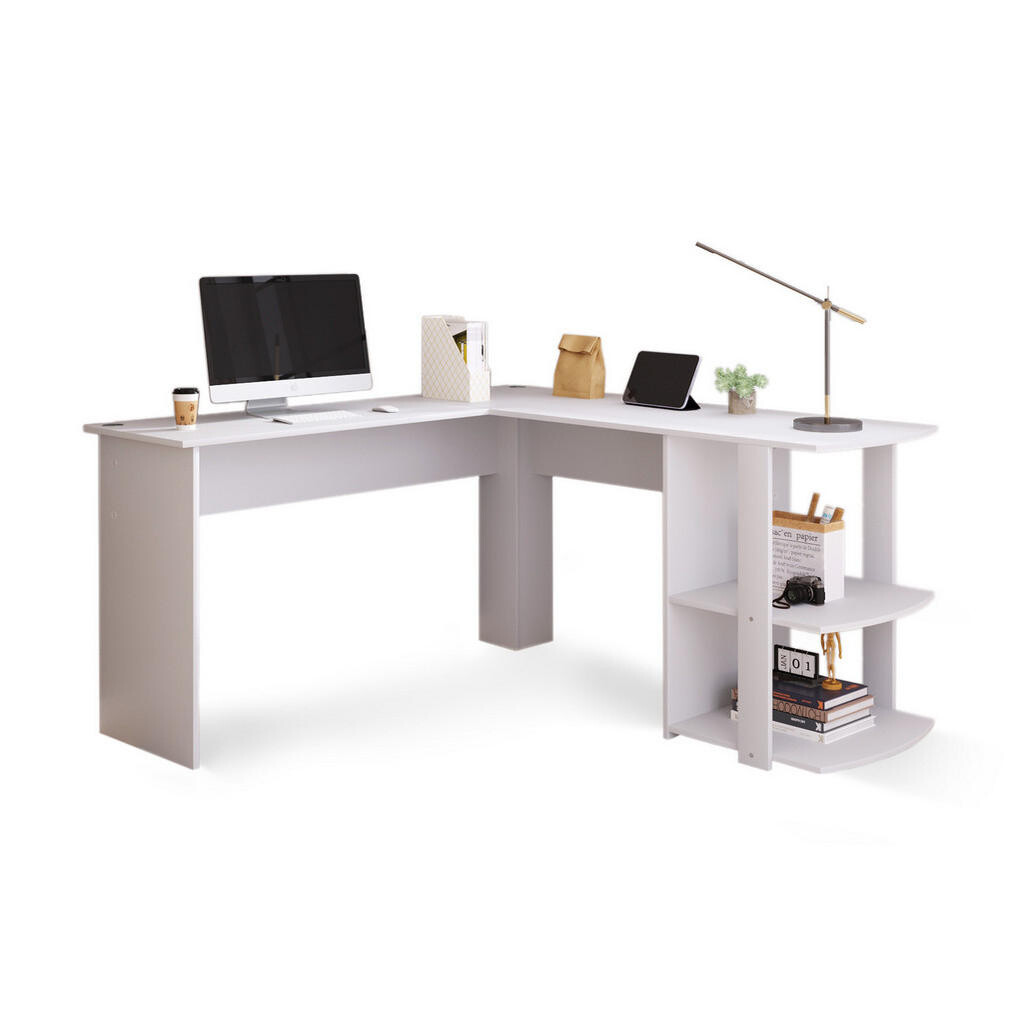 OKWISH ROHOVÝ stůl 140/140/75 cm bílý z MDF s policí a průchodkami na kabely