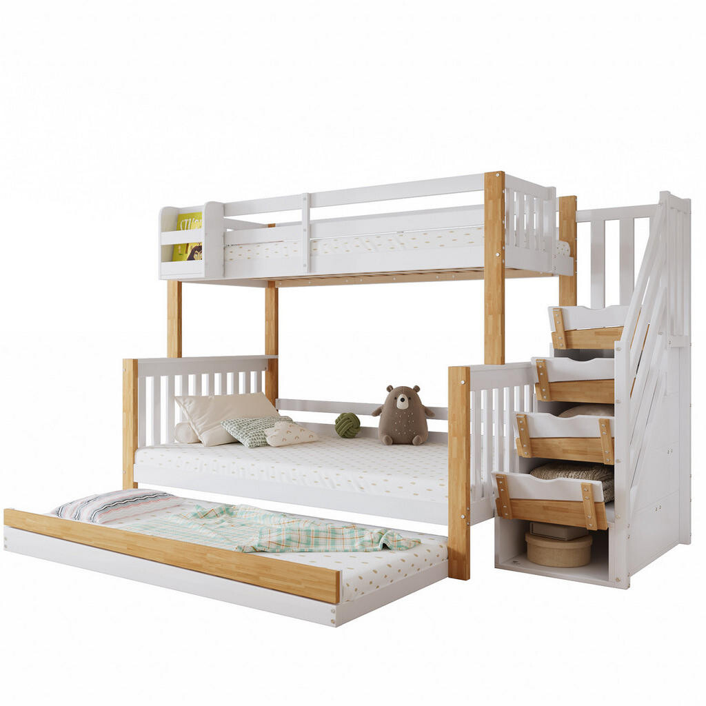 OKWISH PATROVÁ postel 90/200 cm bílá z borovice s výsuvným lůžkem a úložnými schody