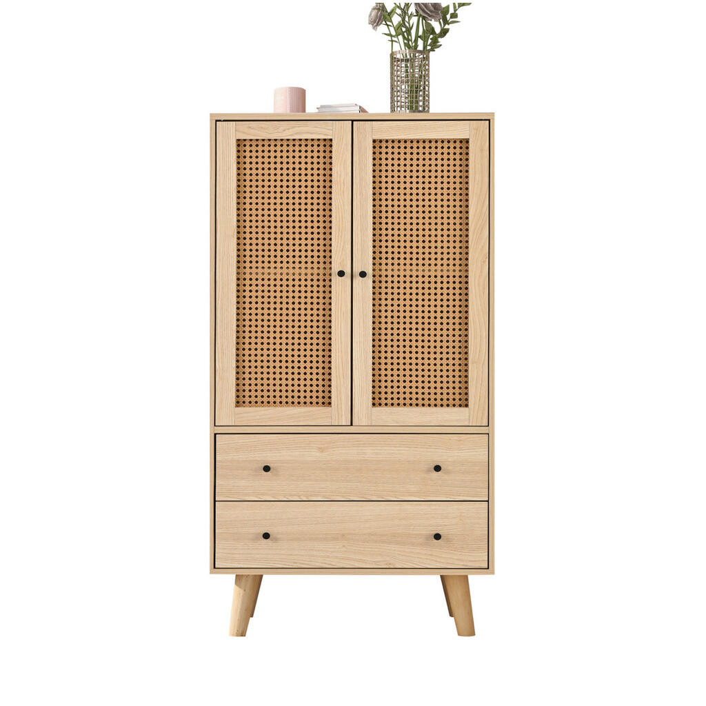 Redom KOMODA 60/40/120 cm se 2 dvířky a 2 zásuvkami, s ratanovým dekorem a velkým úložným prostorem, Dub