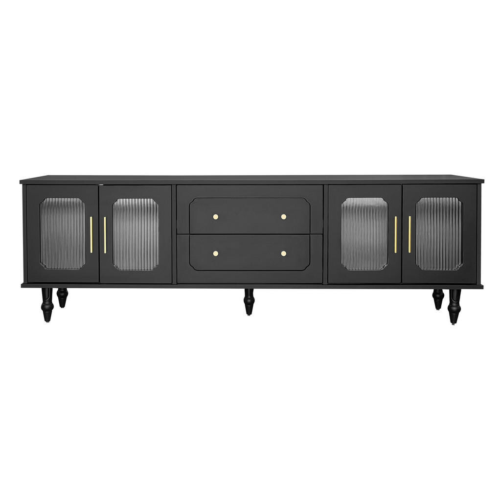Urban Meuble TV STOLEK černý a zlatý 175 cm s rýhovaným sklem a retro designem