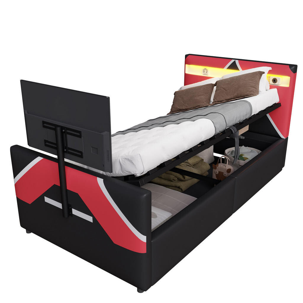 FLIEKS GAMING POSTEL, 90×200 cm, koženková, LED, úložný prostor