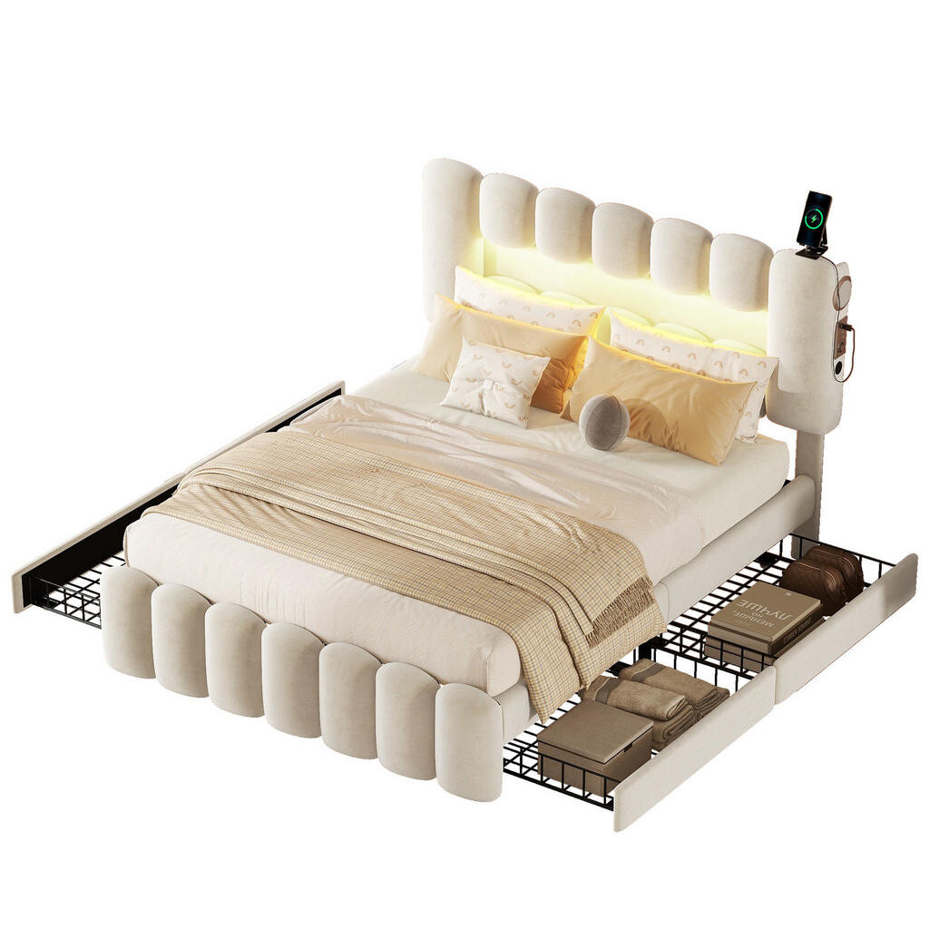 Redom ČALOUNĚNÁ postel 160 x 200 cm s LED osvětlením, USB portem, reproduktory a 4 zásuvkami, Béžová