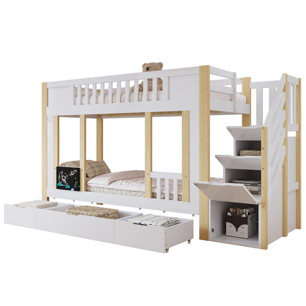 OKWISH PATROVÁ postel 90/200 cm bílá/přírodní z borovice/MDF se schodišťovou skříňkou