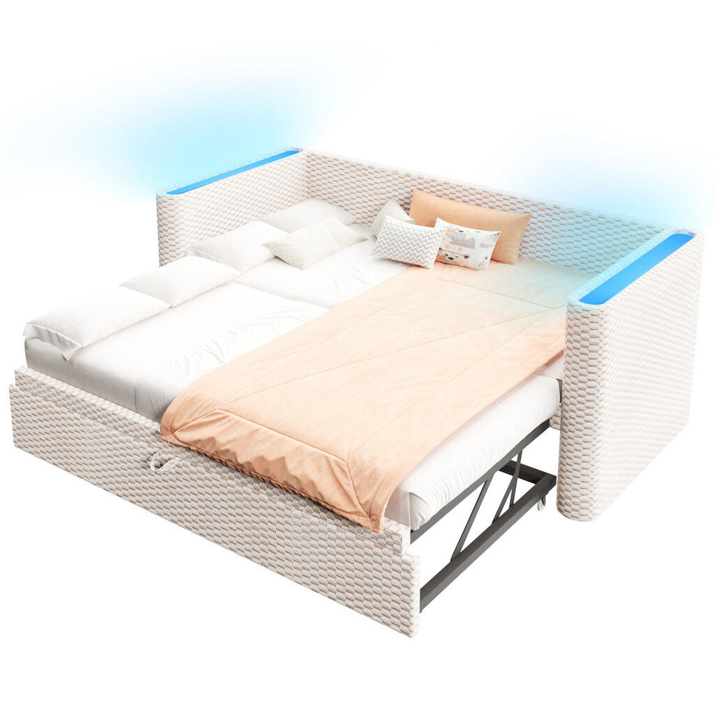 OKWISH ROZKLÁDACÍ postel 90/200 cm béžová z sametu s LED osvětlením a funkcí lůžka 180/200 cm