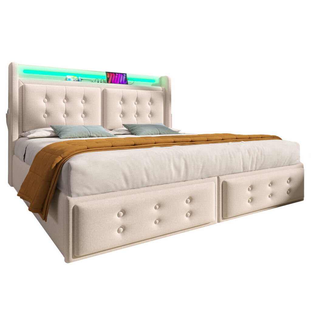 Redom ČALOUNĚNÁ postel 140x200 cm s LED osvětlením, zásuvkami, USB a úložným prostorem, Béžová